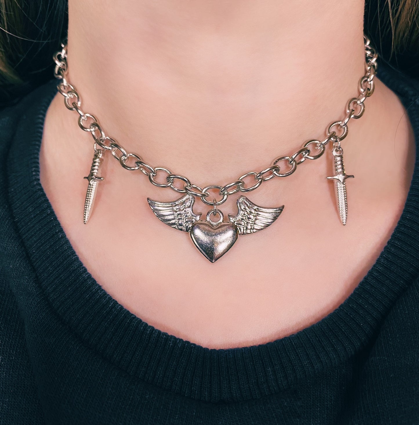 Heart dagger necklace choker stainless steel