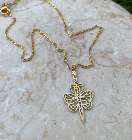 Butterfly dagger gold stainless steel necklace