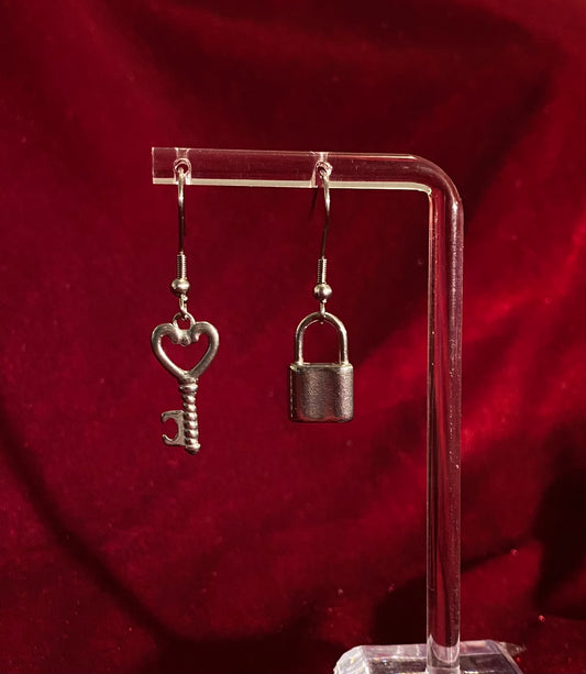 Stainless steel lock and key earrings